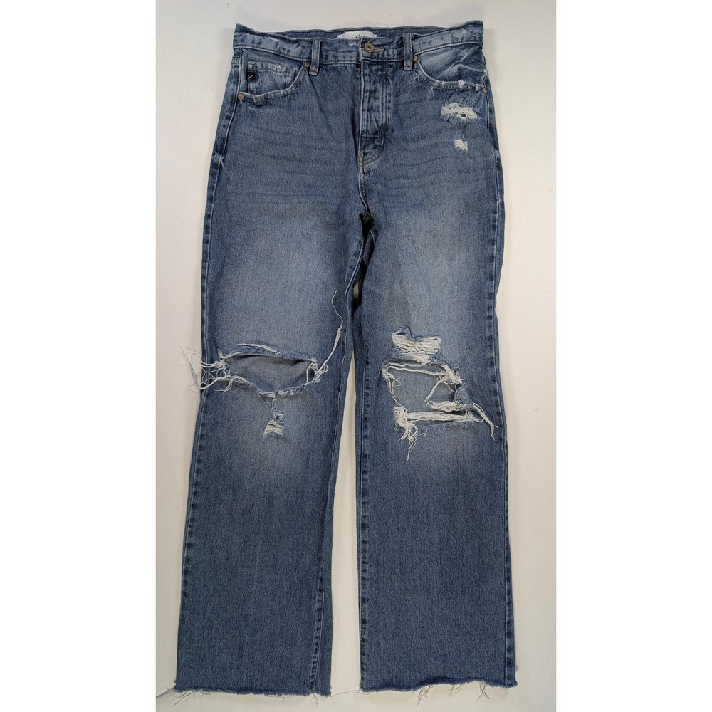 Kancan High Rise Wide Leg Distressed Jeans Medium Wash Raw Hem Size 9/28